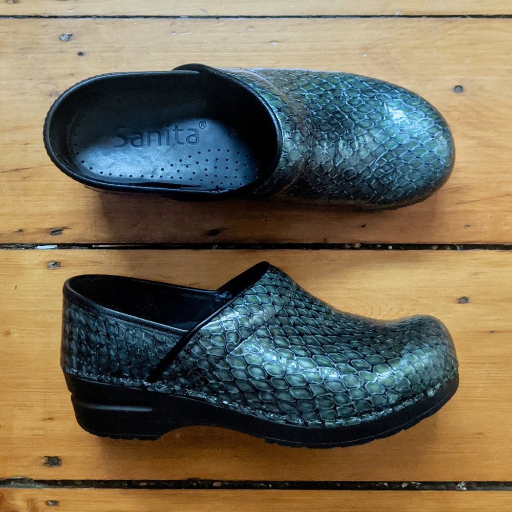 Sanita Green Metallic Snakeskin Clogs